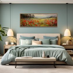 colorful red wildflowers field wall art, farmhouse wall art, boho botanical over bed long horizontal wall decor framed r