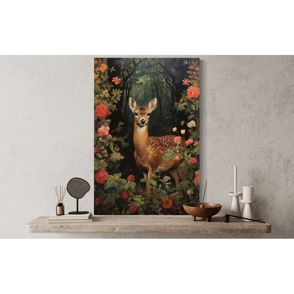 Cottagecore Art Print - Fawn Baby Deer In The Forest Painting Canvas Print or Poster, Cabin, Forestcore Wall Art Framed Ready To Hang.jpg