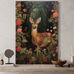 cottagecore art print - fawn baby deer in the forest painting canvas print or poster, cabin, forestcore wall art framed