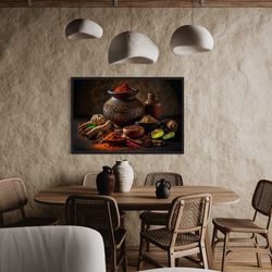 dining room wall art, spices and herbs painting canvas print, modern oriental still life art, kitchen wall decor framed