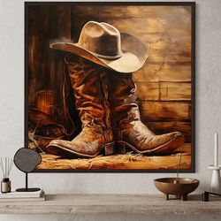 cowboy hat and boots painting canvas print, cowboy wild west wall art, ranch wall decor, man cave decor, western artwork