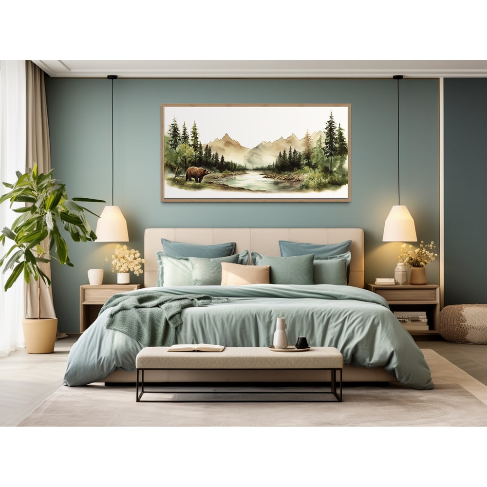 Bear In The Forest Mountain Landscape Watercolor Painting, Nursery Print, Minimalist Boho Wall Art, Nature Canvas, Farmhouse Wall Decor.jpg