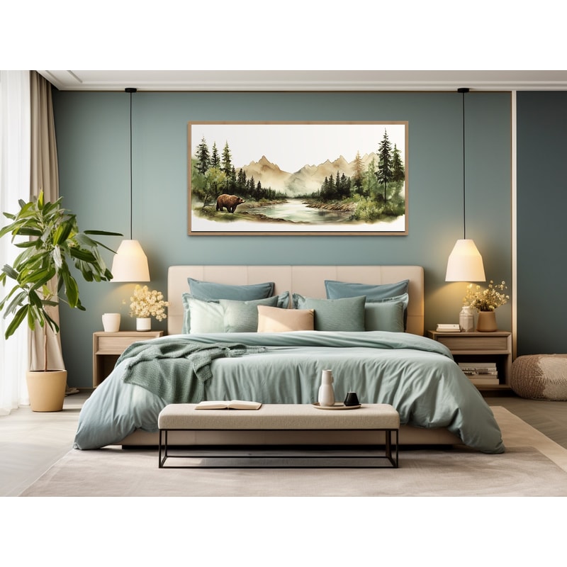 Bear In The Forest Mountain Landscape Watercolor Painting, Nursery Print, Minimalist Boho Wall Art, Nature Canvas, Farmhouse Wall Decor.jpg