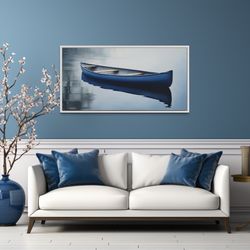 blue canoe painting canvas print, extra large nautical cabin wall art, lakehouse decor, canoe wall art, framed, unframed