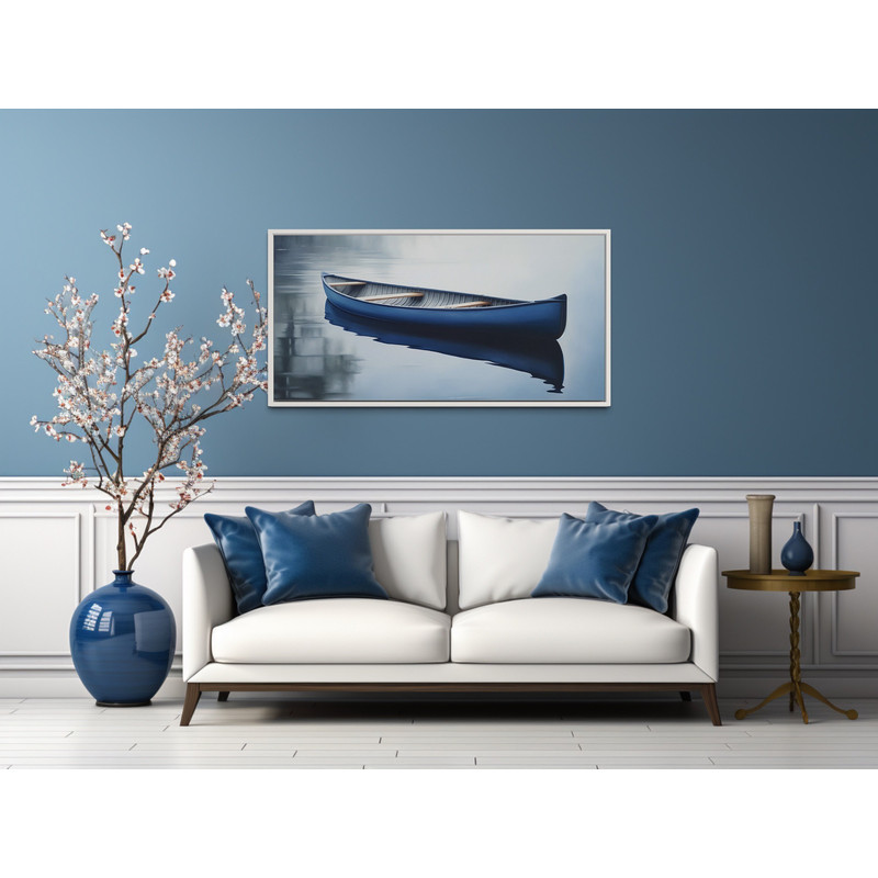 Blue Canoe Painting Canvas Print, Extra Large Nautical Cabin Wall Art, Lakehouse Decor, Canoe Wall Art, Framed, Unframed, Ready To Hang.jpg
