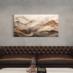 Brown Beige Wall Art, Abstract Marble Mountain Landscape Painting Canvas Print, Long Horizontal Living Room Bedroom Deco