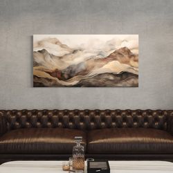 brown beige wall art, abstract marble mountain landscape painting canvas print, long horizontal living room bedroom deco