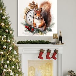 christmas eve wall art - cute squirrel with wall clock countdown painting canvas print, over mantel christmas wall deco