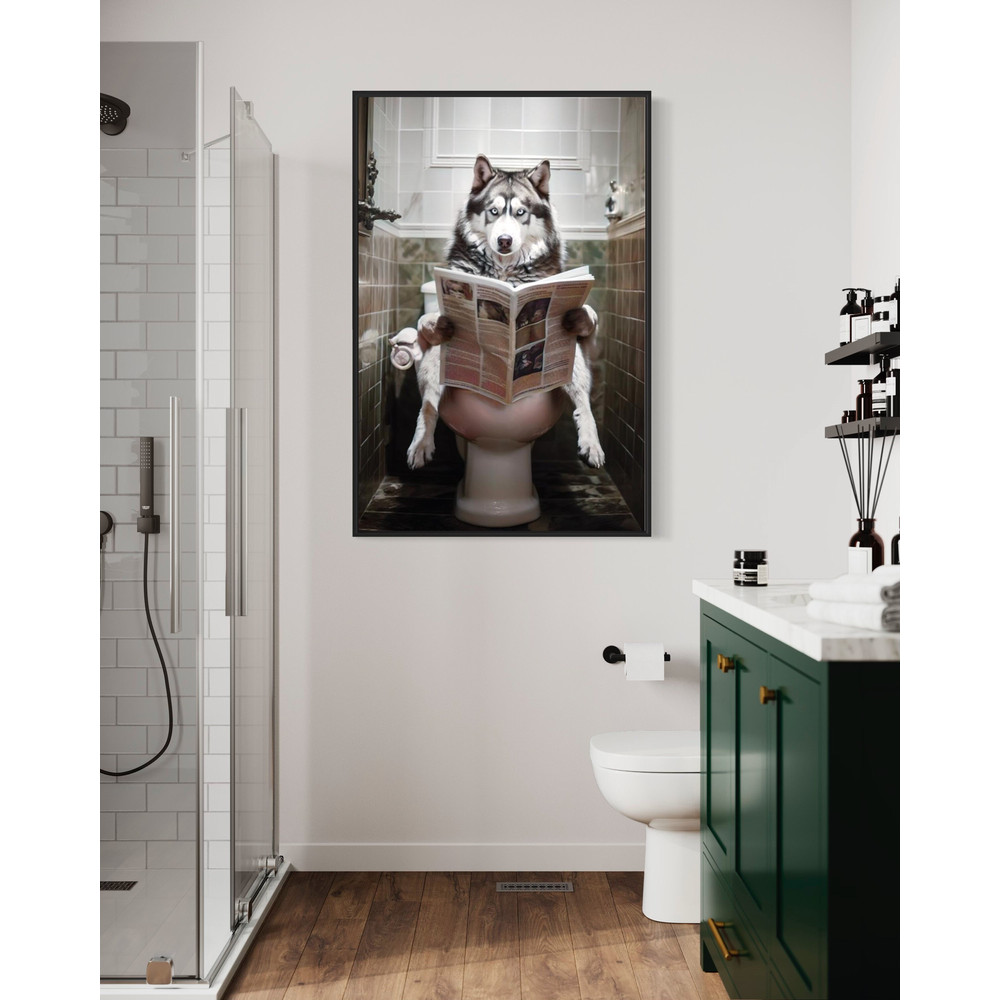 Alaskan Husky Dog On The Toilet Reading Newspaper, Funny Bathroom Art, Toilet Humor Animal Print or Canvas Framed Unframed Ready To Hang.jpg