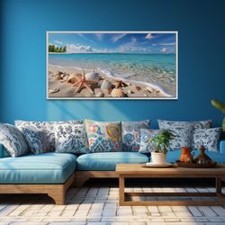 Beach House Wall Art - Starfish  And Sea Shells On The Beach Photography Style Painting Canvas,  Coastal Wall Decor Fram