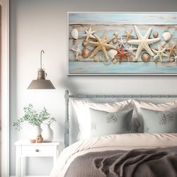 beach house wall art - starfish and shells painting on blue wood texture canvas print, sea star coastal wall decor fram