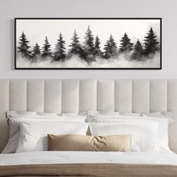 black and white watercolor foggy pine tree forest panoramic painting print on long horizontal canvas 60x20 framed unfram