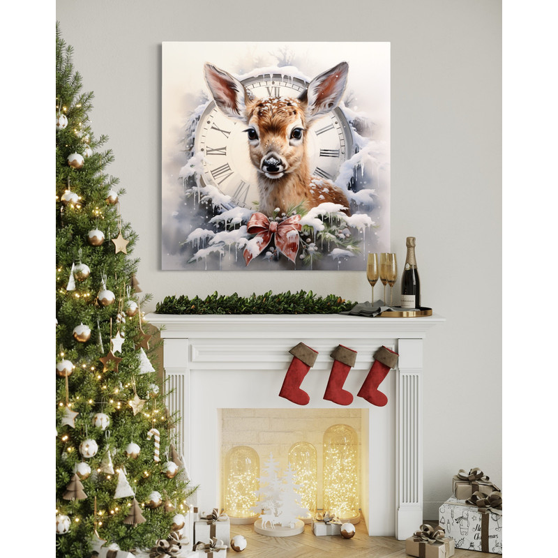 Christmas Eve Wall Art - Fawn With Wall Clock Countdown Painting Canvas Print, Baby Deer, Over Mantel Christmas Wall Decor Ready To Hang.jpg