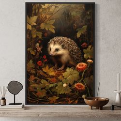 cottagecore art print - hedgehog in the forest moody painting canvas print or poster, farmhouse forestcore wall art fram