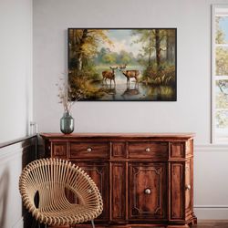 doe and buck in the forest painting canvas print, deer couple vintage whimsical farmhouse, cabin wall art, framed unfram