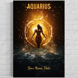 aquarius zodiac sign gift - personalized aquarius celestial wall art, custom astrology painting print on canvas, poster,
