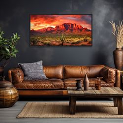 Arizona Desert Wall Art, Desert Sunset Painting Canvas Print, Four Peaks Saguaro Cacti Landscape Wall Art Framed, Unfram