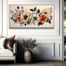 botanical wall art, vintage brown beige neutral flowers painting canvas print, rustic farmhouse wall decor, boho floral