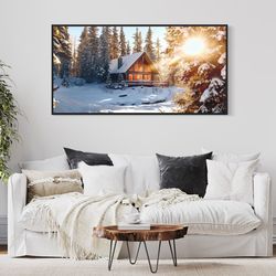 cabin in the woods in snow painting extra large cavas print - cabin in fir tree forest winter in wall art - framed unfra