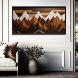 cabin wall art - layered wood panel effect snow capped mountains painting printed on canvas, rustic chic wall decor, fra