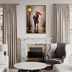 couple in love in the rain under umbrella impressionist painting canvas print - romantic bedroom decor framed or unframe
