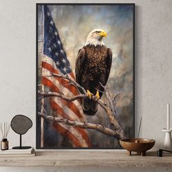 bald eagle with american flag wall art - patriotic eagle perched on branch rustic painting canvas print - framed or unfr