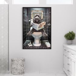 black goldendoodle dog on the toilet reading newspaper, funny bathroom art, toilet humor animal canvas print framed unfr