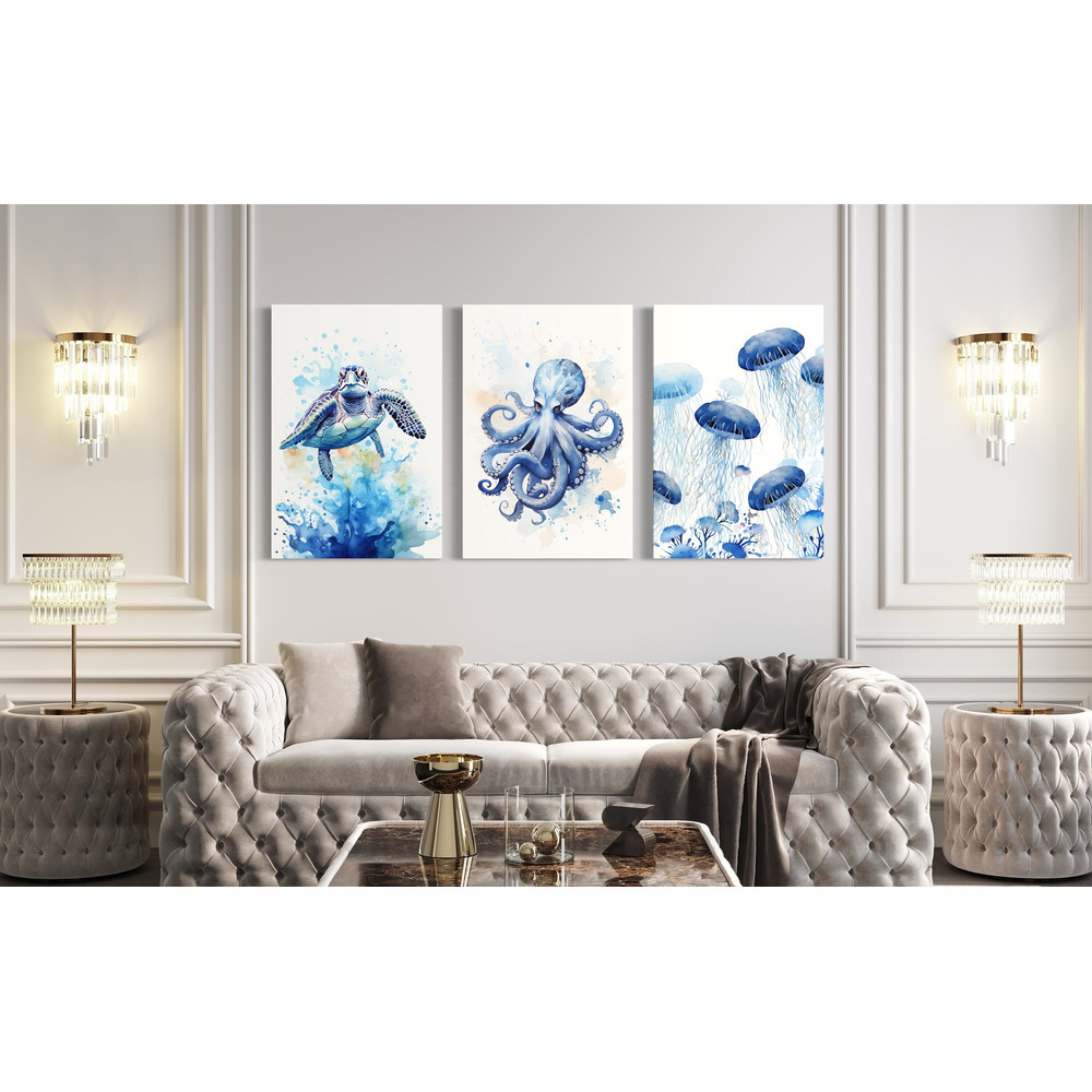 Beach House Wall Art Set of Three Marine Animals Prints, Octopus, Sea Turtle, Jellyfish Painting Canvas Print, Coastal Decor Ready To Hang.jpg