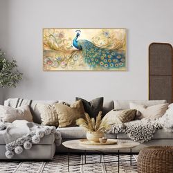 beautiful peacock painting canvas print - gold green peacock wall art - whimsical wall decor, bedroom art framed, unfra