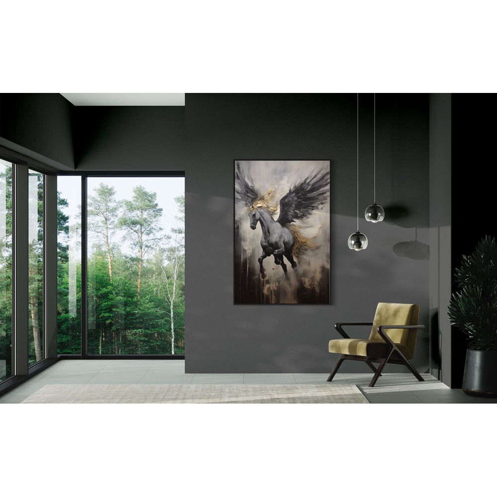 Black Pegasus Wall Art, Winged Horse Abstract Painting Extra Large Canvas Print, Greek Mythology Wall Art Framed Or Unframed Ready To Hang.jpg