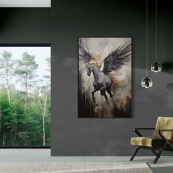 black pegasus wall art, winged horse abstract painting extra large canvas print, greek mythology wall art framed or unfr