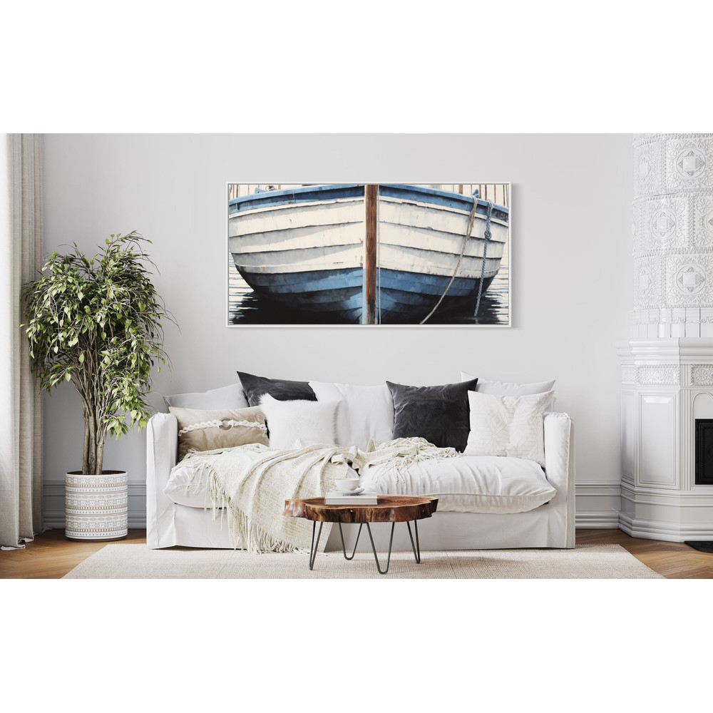 Blue White Rustic Boat Painting Close Up Canvas Print, Lake House Wall Art, Lakehouse Decor, Extra Large Cottage Art, Framed Ready To Hang.jpg