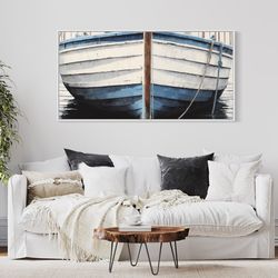 blue white rustic boat painting close up canvas print, lake house wall art, lakehouse decor, extra large cottage art, fr