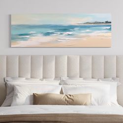 calm ocean beach wall art panoramic canvas print - neutral coastal minimalist landscape - over bed wall art - framedunfr