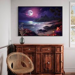 colorful purple beach night landscape with moon painting canvas print, vibrant bedroom, living room wall art framed unfr