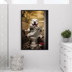 american bulldog dog on the toilet reading newspaper, funny bathroom art, toilet humor animal print or canvas framed unf