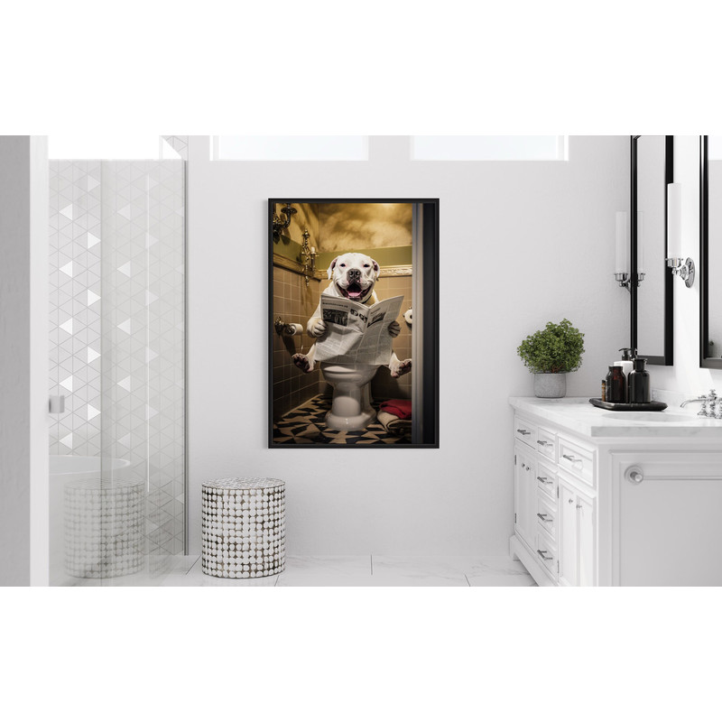 American Bulldog Dog On The Toilet Reading Newspaper, Funny Bathroom Art, Toilet Humor Animal Print or Canvas Framed Unframed Ready To Hang.jpg