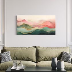 Blush Pink Green Abstract Wall Art - Mountain Landscape Painting Canvas Print, Long Horizontal Living Room Bedroom Wall