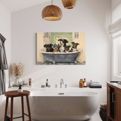 bathroom wall art - dogs in a bathtub watercolor painting canvas or poster art print gift for dog lovers - framed or un