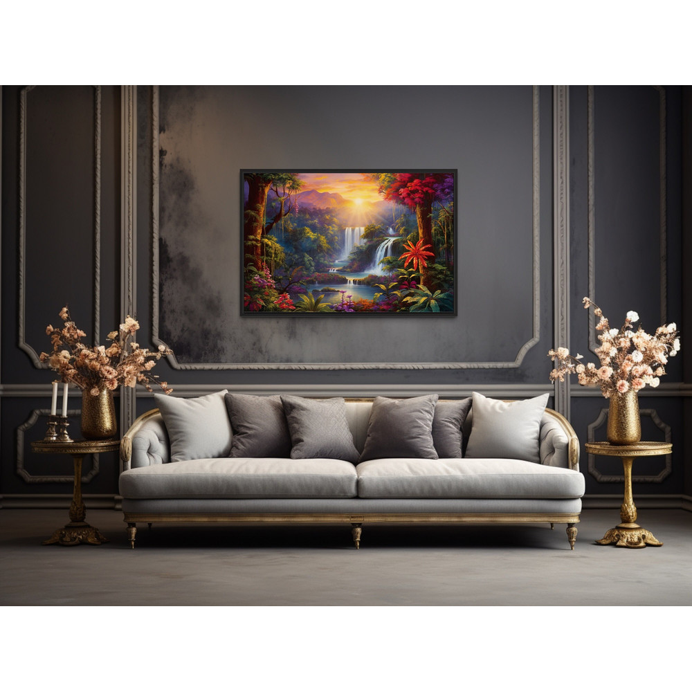 Colorful Tropical Rainforest Waterfall And Flowers Sunrise Painting Canvas Print Vibrant Whimsical Living Room Wall Art Framed Ready To Hang.jpg