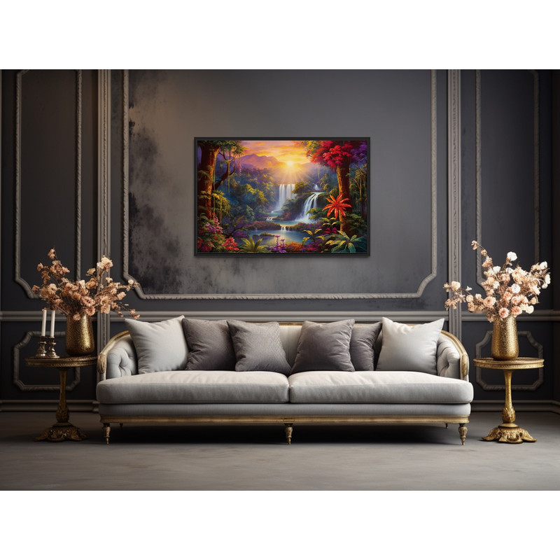 Colorful Tropical Rainforest Waterfall And Flowers Sunrise Painting Canvas Print Vibrant Whimsical Living Room Wall Art Framed Ready To Hang.jpg