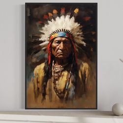 indian chief colorful painting canvas print, native american indigenous chief wall art framed ready to hang