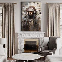 indian chief painting, native american wall art, indigenous chief painting canvas print framed ready to hang