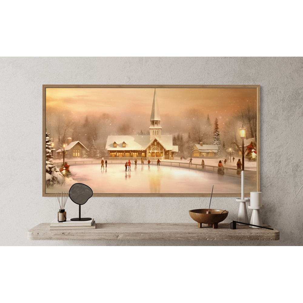 Ice Skating Wall Art, Vintage Snowy Village Painting Canvas Print, Over Mantel Winter Wall Decor Ready To Hang.jpg