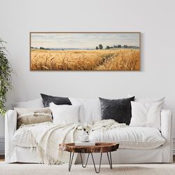 farm landscape wall art, wheat field painting horizontal canvas print, farmhouse rustic vintage decor,ready to hang