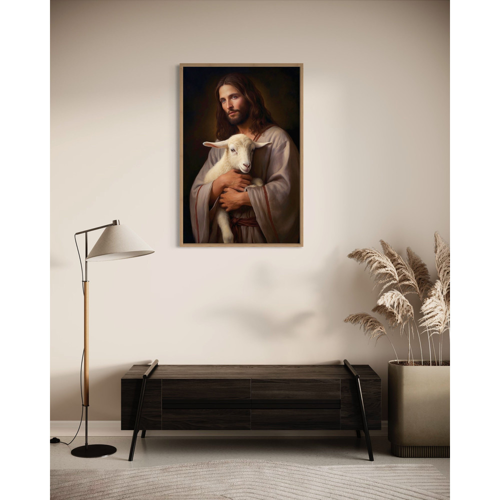 Jesus And Lamb Painting Canvas Print, Christian Wall Art, Bible Lost Sheep Wall Decor Framed Unframed Ready To Hang.jpg