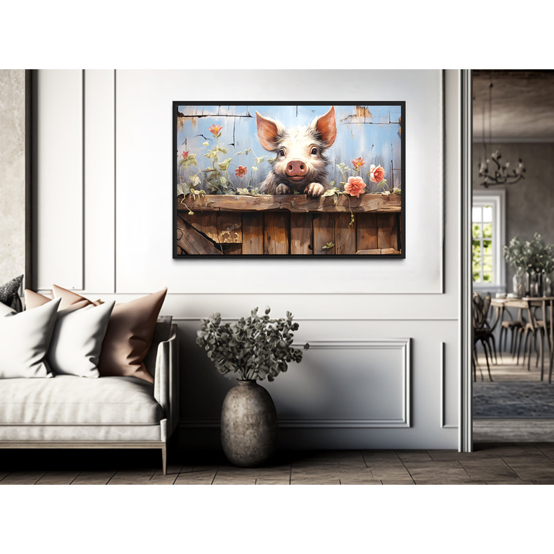 Farm Pig Rustic Painting on Wood Effect Canvas Print, Farmhouse Wall Art, Farm Animals Art Prints, Framed Ready to Hang.jpg