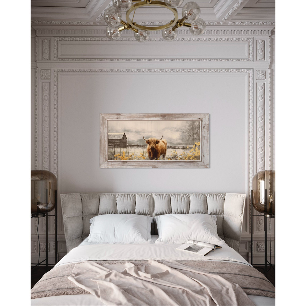 Farmhouse Wall Art Highland Cow On The Farm Painting on Wood Effect Canvas Print, Rustic Wall Decor Framed Ready To Hang.jpg