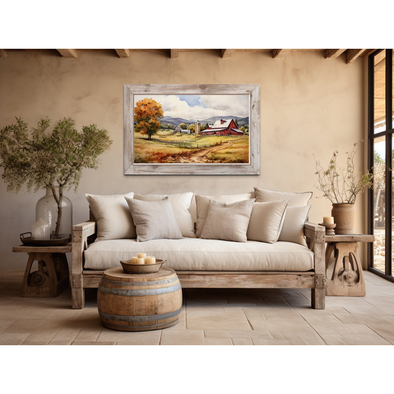 Farm Scene Painting With Red Barn in The Field, Farmhouse Wall Art, Vintage Rural Wall Art, Rustic Wall Decor Ready To Hang.jpg