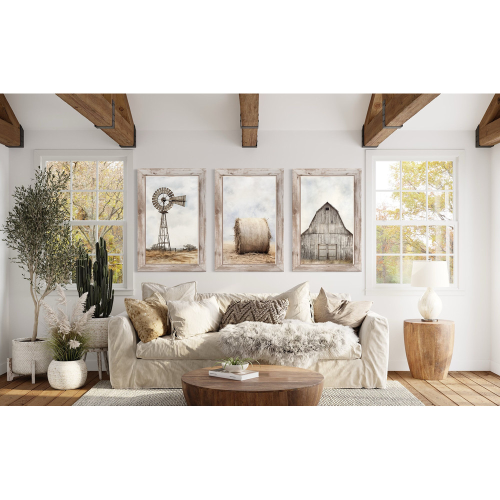 Farmhouse Wall Art Set of Three Rustic Farm Prints - Painting of Windmill, Old Barn, Hay Bale Print on Canvas Or Art Print.jpg